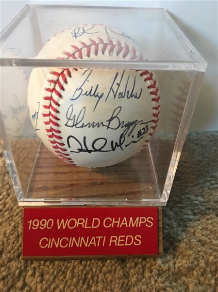 1990 REDS TEAM SIGNED W.S. NL BALL w DISPLAY Read !!