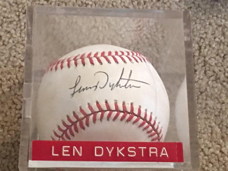 LENNY "NAILS" DYKSTRA SIGNED NL BALL in CASE 