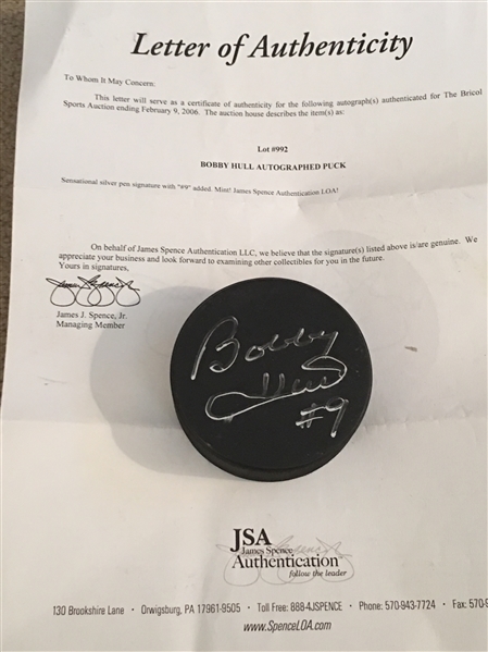 BOBBY HULL SIGNED REAL PUCK with JSA COA Letter