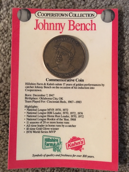 JOHNNY BENCH KAHNs HOF COIN ON ORIGINAL CARD 