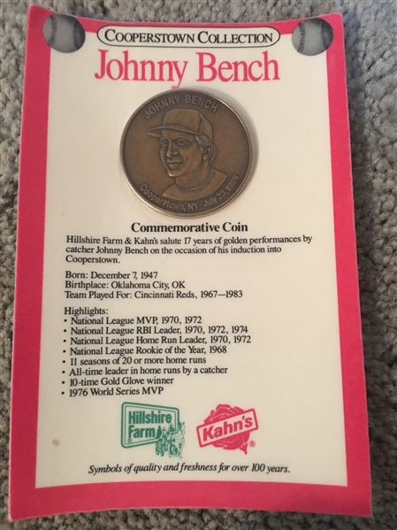 JOHNNY BENCH KAHNs HOF COIN on Orig Card