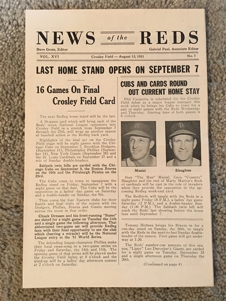 1951 NEWS of the REDS 4 Page PROGRAM from CROSLEY FIELD Near Mint Beauty !!