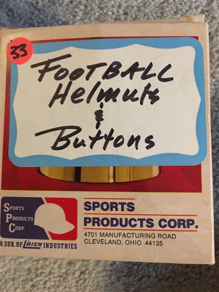 BOX of FOOTBALL MINI MINI HELMETS & BUTTONS
