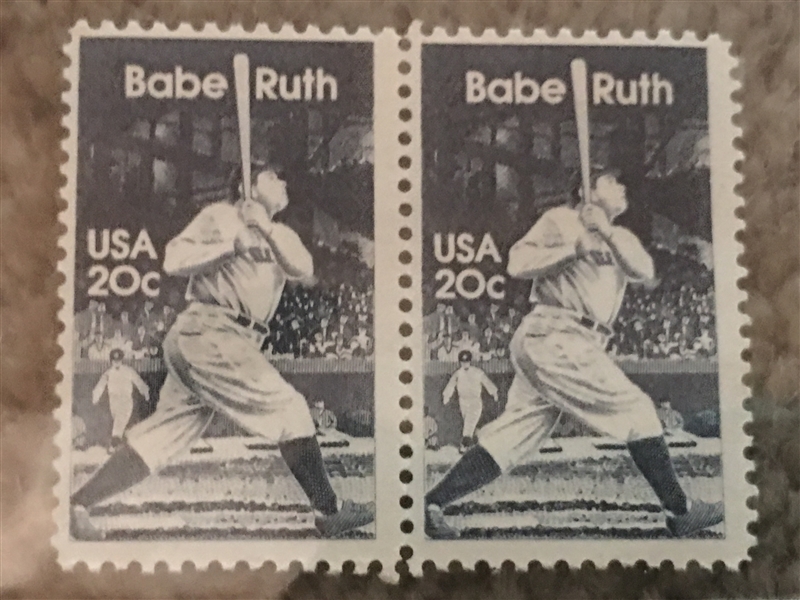 (2) BABE RUTH 20c STAMPS - RARE UNUSED ATTACHED VINTAGE STAMPS 