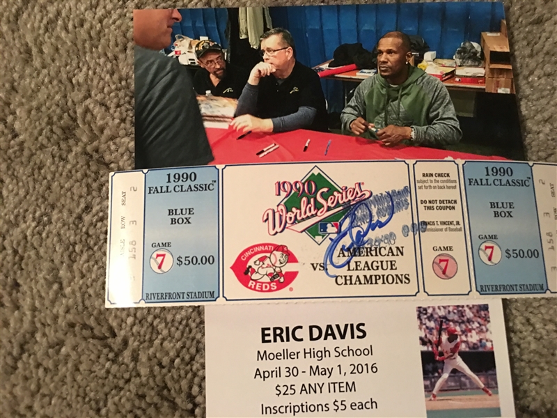 ERIC DAVIS SIGNED 1990 REDS WORLD SERIES FULL TICKET MINT. With SHOW TIX and PHOTO