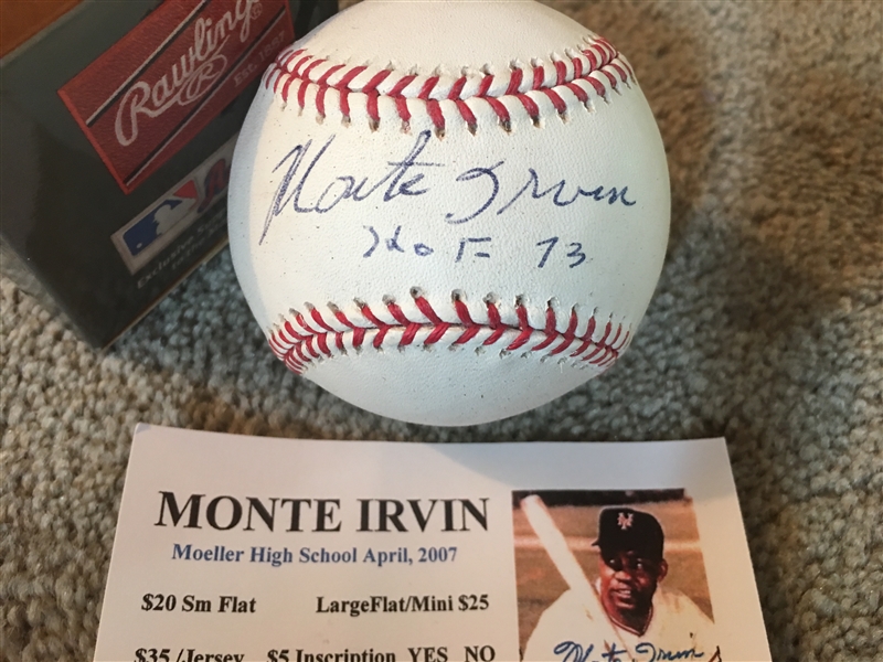 MONTE IRVIN HOF MOELLER SIGNED PURE WHITE MLB BALL with SHOW TICKET Negro Lg Too