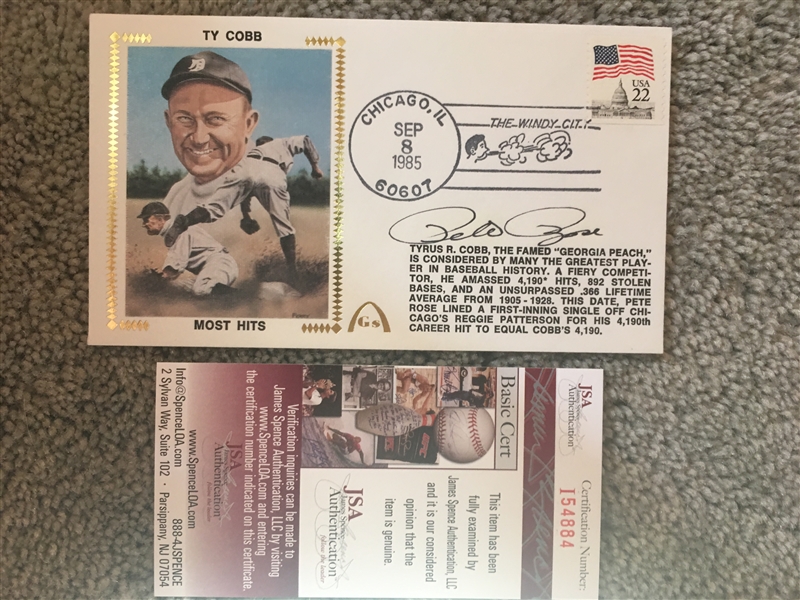 PETE ROSE SIGNED BREAKS TY COBBs RECORD 1st DAY COVER 10/8/1985 with $20 JSA COA 