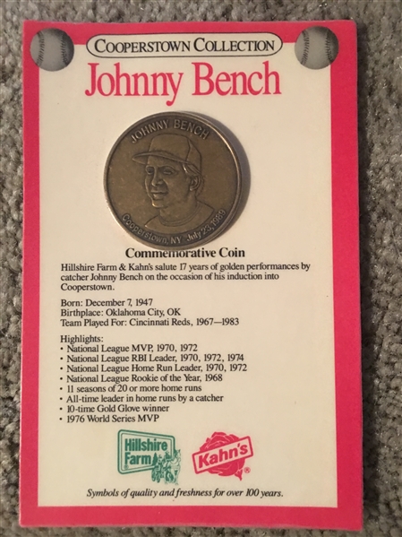 JOHNNY BENCH KAHNs HOF COIN on ORIGINAL CARD