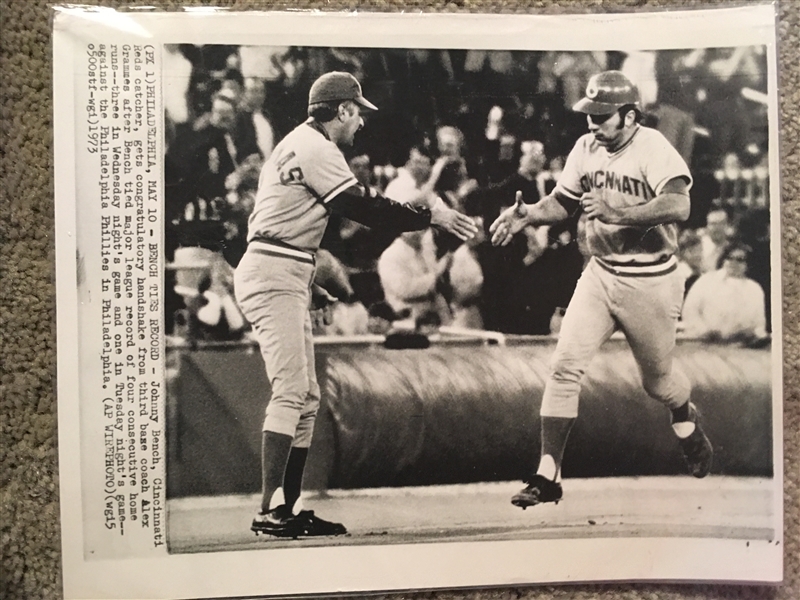 WIRE PHOTO ( 1973) (Copy) JOHNNY BENCH HITS 4th CONSECUTIVE HR. Get Signed at Moeller 