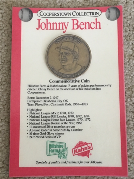JOHNNY BENCH KAHNs HOF INDUCTION MEDAL on ORIGINAL CARD 