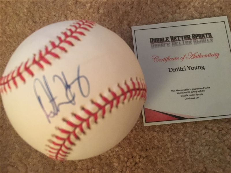 DMITRI YOUNG SIGNED on PURE WHITE $25 NL BASEBALL with COA 