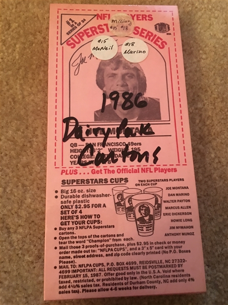 22 of 24 1986 NFL FB SUPERSTARS MILK CARTONS with Rare MONTANA, WALTER PAYTON, Etc