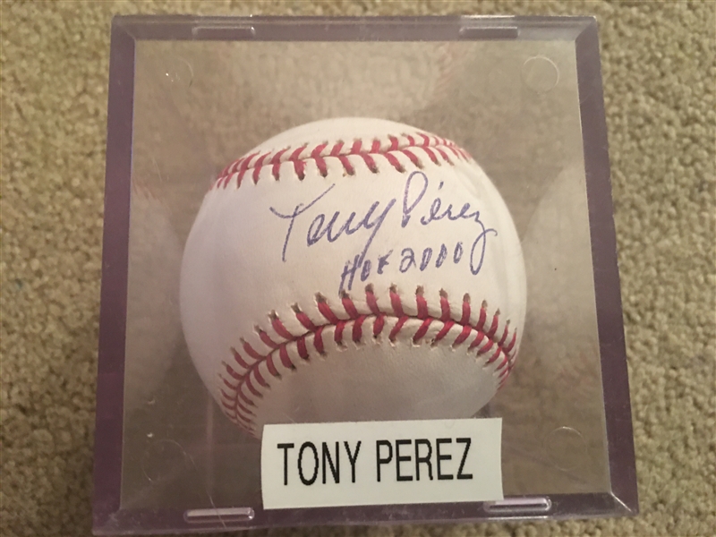 TONY PEREZ MOELLER SIGNED HOF 2000 on SNOW WHITE MLB BALL in CUBE 