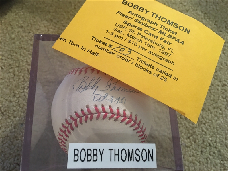BOBBY THOMSON OCT 3, 1951 Shot Heard Round the World HR" on VTG Pure White NL BALL w COA