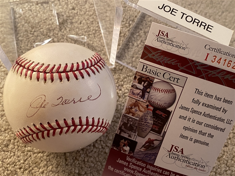 $ JOE TORRE $ HOF SIGNED on MLB BASEBALL SNOW WHITE with JSA COA in CUBE 