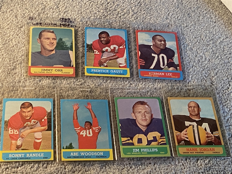 Lot of 7 1963 TOPPS FOOTBALL BEAUTIES with HALL OF FAMERS